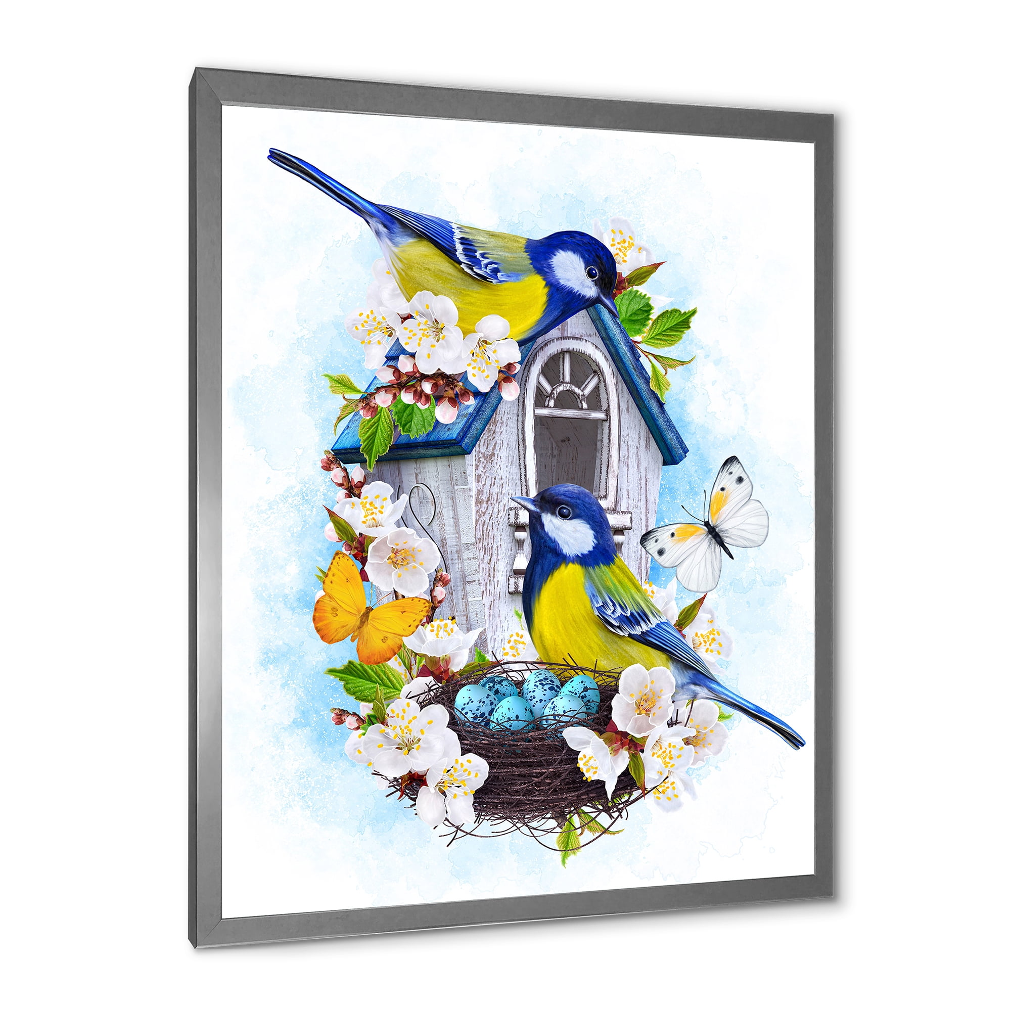 Designart 'Two Tit Birds Sitting Near The Nest With Eggs and White Flowers I' Traditional Framed Art Print