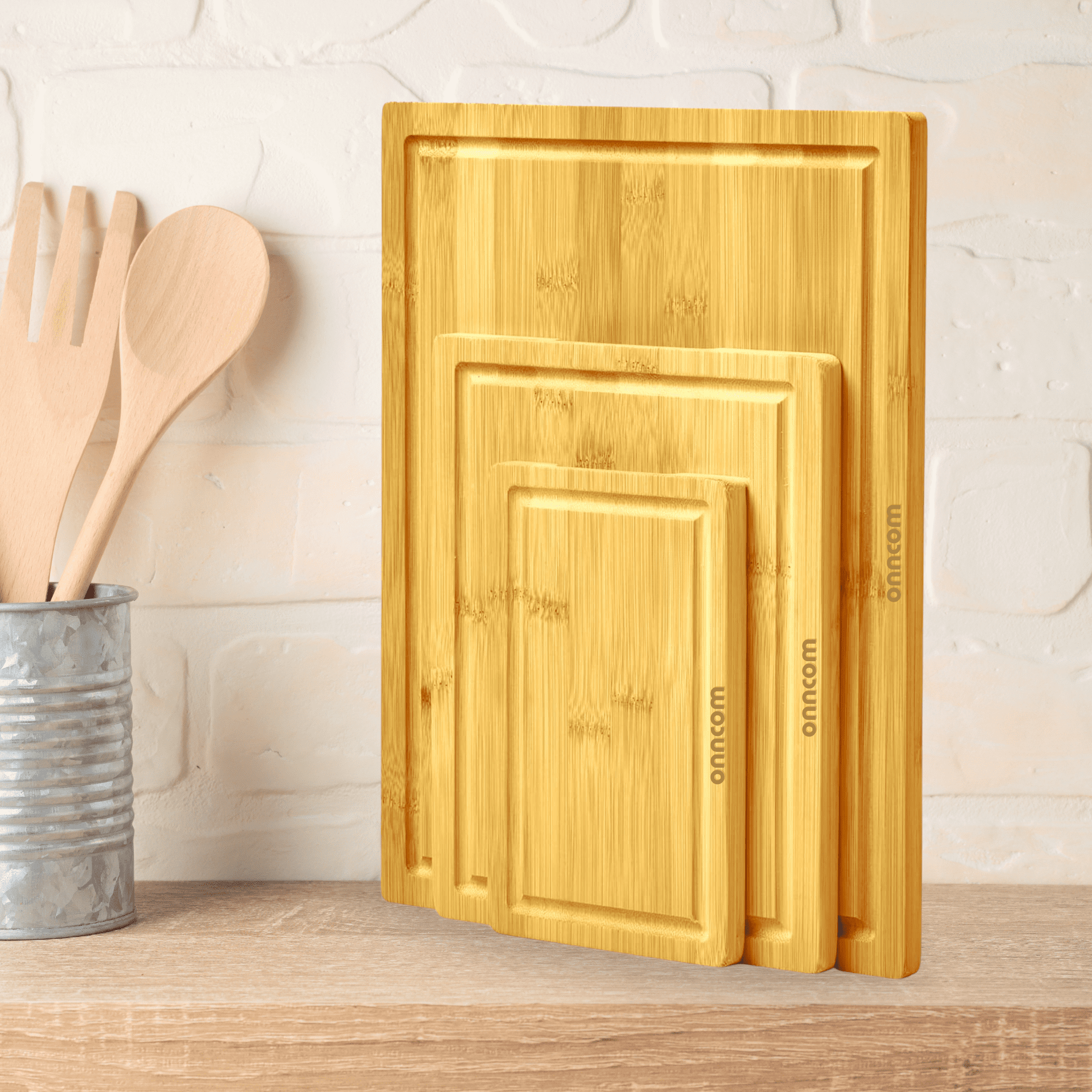 onncom Set of 3 Bamboo Wooden Cutting Boards for Kitchen Meal Prep & Serving- Kitchen Gadgets Gift