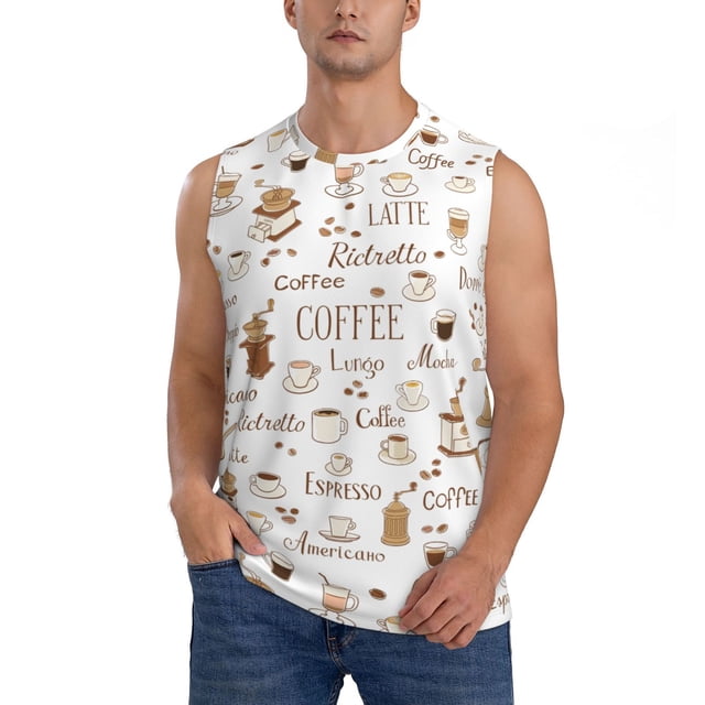 Bingfone Coffee Pattern Men's Tank Tops Workout Sleeveless Tee Shirts Running Beach Tanks for Men-XX-Large