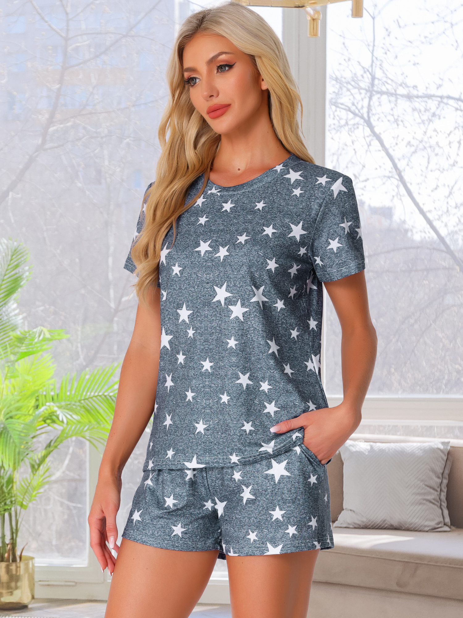 DARING DIVA Pajama Short Sleeve Top Shorts Loungewear Sleepwear Set XS Deep Gray Star