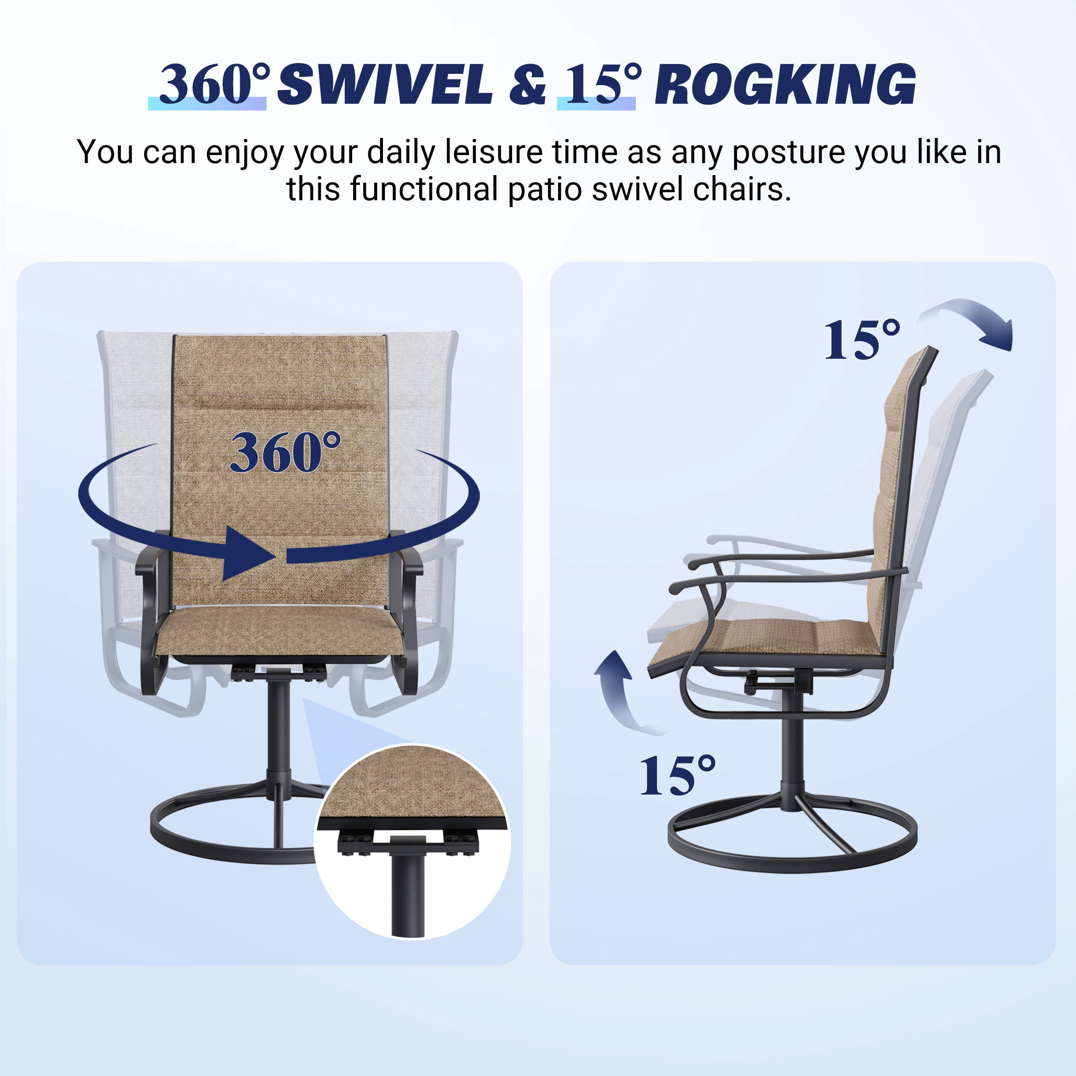 Techmilly Patio Swivel Chairs Set of 2, Outdoor Dining Chairs High Back, Padded All Weather Breathable Textilene Outside Furniture Chair , Grey White