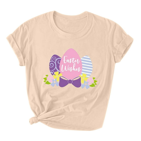 Womens Easter Short Sleeve Round Neck Shirts Casual Cute Print Tee Summer Lightweight Pullover Tops (S, A Beige)