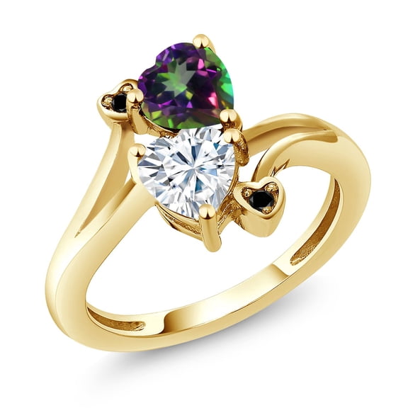 Gem Stone King 18K Yellow Gold Plated Silver Green Mystic Topaz White Moissanite and Black Diamond Ring for Women (1.78 Cttw, Heart Shape 6MM, Gemstone Birthstone, Size 7)