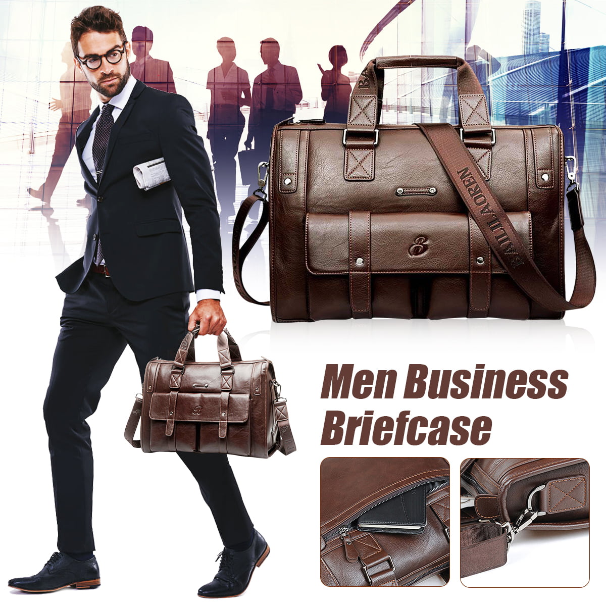 Mens PU Leather Briefcases Vintage Laptop 14 Business Bag Handbag Messenger Bag Black 