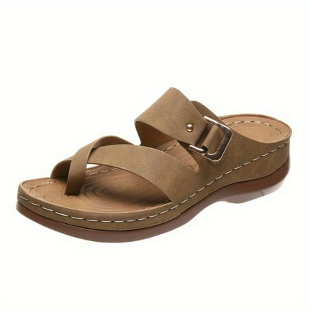 

Women‘s Toe Loop Wedge Slippers Solid Color Non Slip Arch Support Buckle Strap Slides Shoes Casual Open Toe Shoes