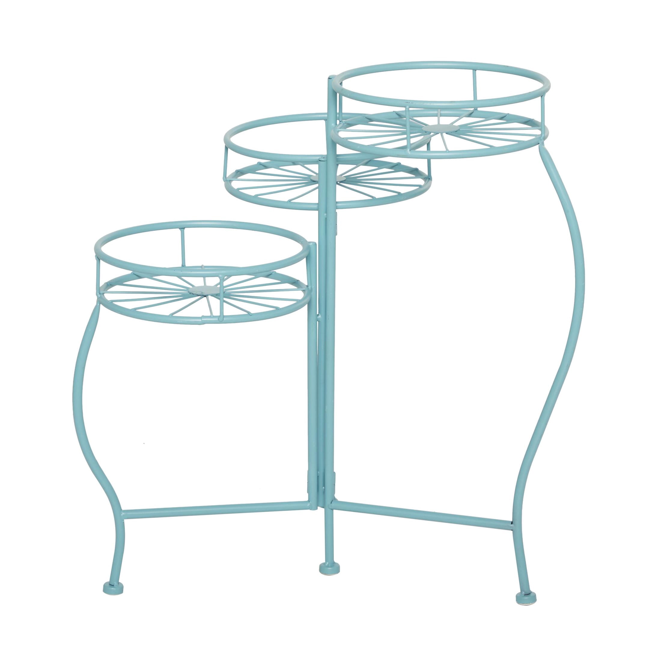 DecMode 19" x 18" x 21" 3 Tier Blue Metal Starburst Plantstand