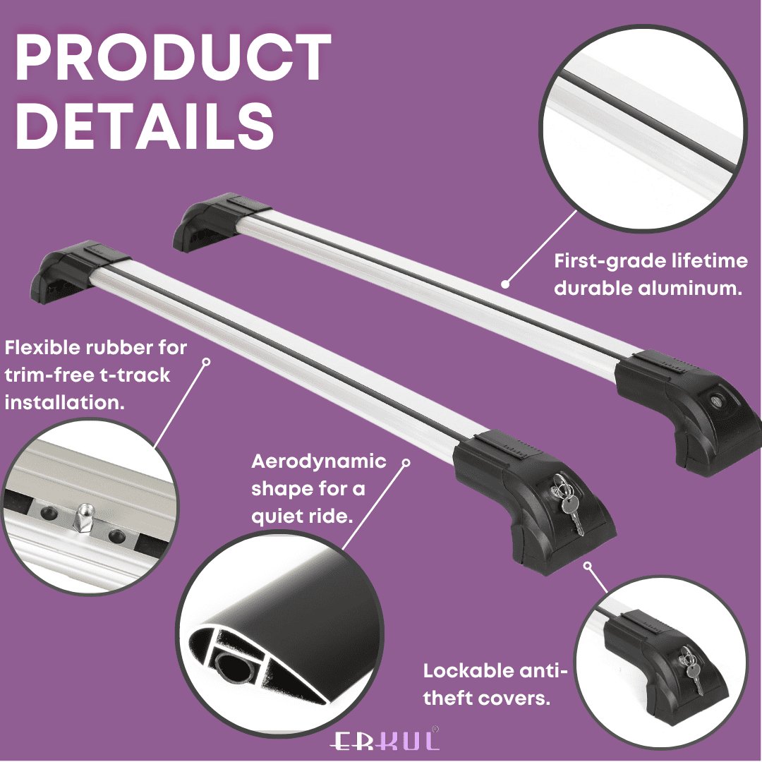 ERKUL Heavy Duty 220lbs Roof Rack Cross Bars for Lincoln Aviator 2020-2024 | Solid Metal Mounts | Aluminum Crossbars with Anti Theft Lock for Rooftop - Compatible with Flush Rails - Silver