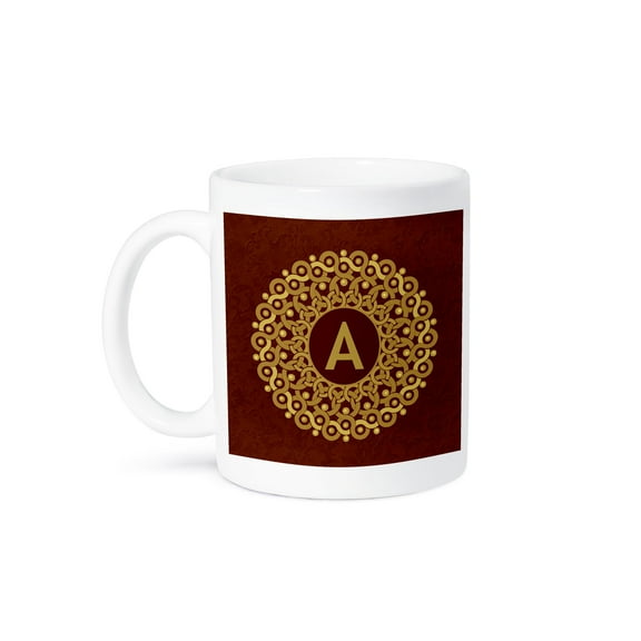 3dRose, Monogram A tan and coffee mandala on warm chocolate muted grunge damask, 15oz Mug