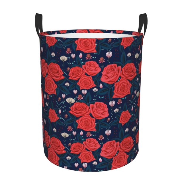 Balery Rose Flower Cesta de ropa redonda con asas, impermeable, independiente, para ropa, juguetes, dormitorio y familia-Medium
