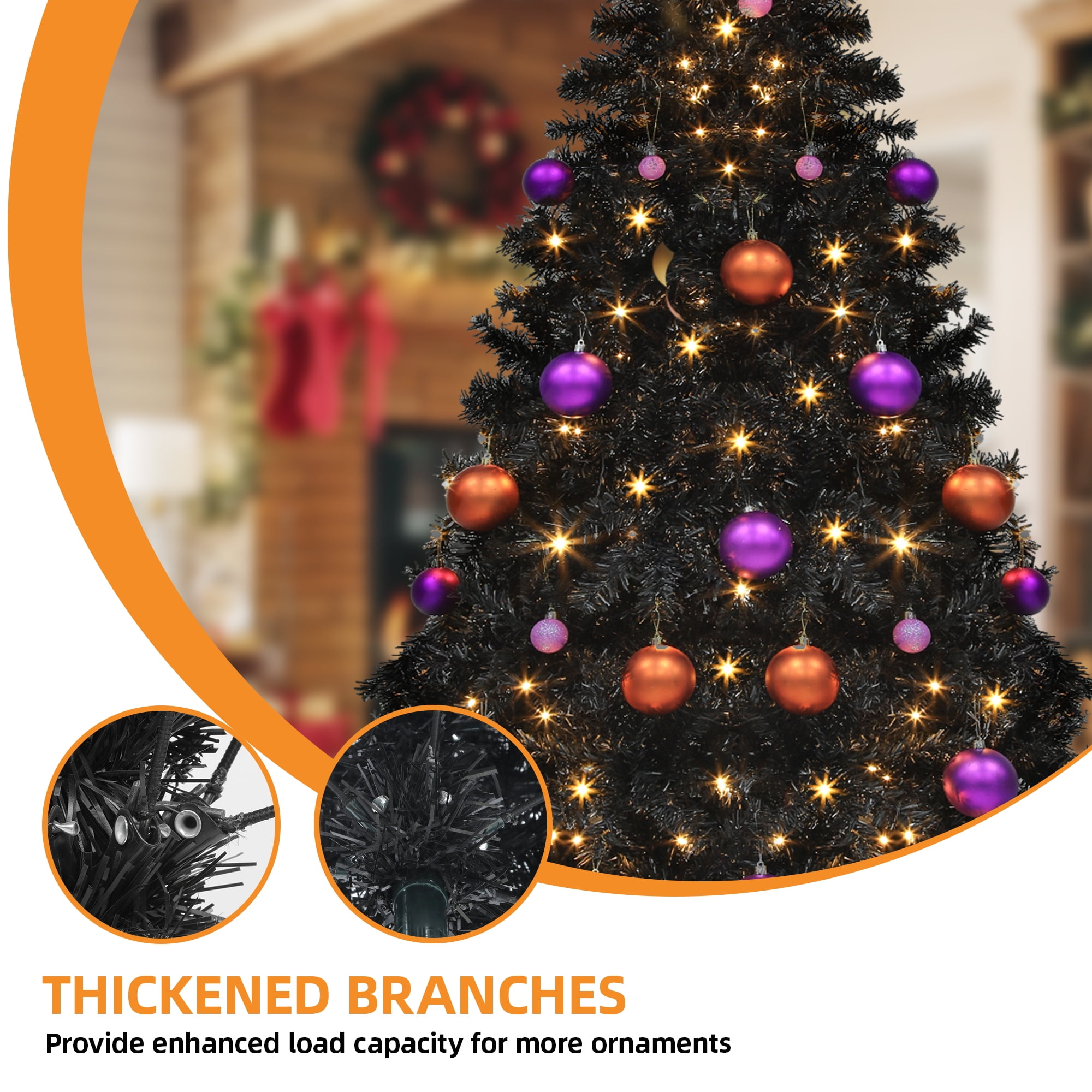 Uforic 6ft Pre-Lit Artificial Christmas Tree,Hinged Black Halloween Christmas Tree with 818 Branch Tips and 250 Lights,Black