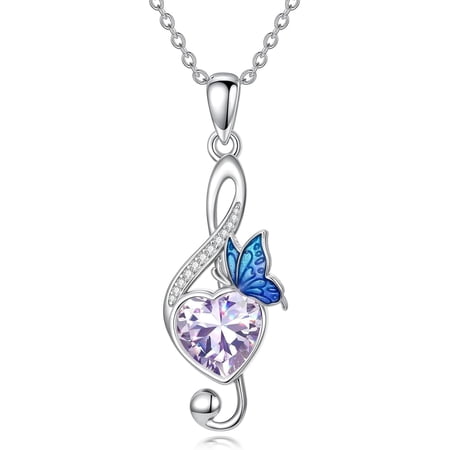 Music Note Birthstone Necklace S925 Sterling Silver Butterfly Treble Clef Pendant Necklace Birthday Christmas Jewelry Gifts for Women Musician Music Lovers