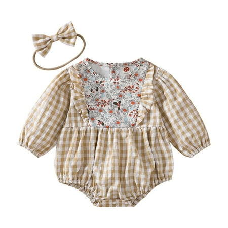 

Rovga Baby Girl Bodysuits Long Sleeve Plaid Prints Floral Romper Sweatshirt Bodysuits Headbands Set