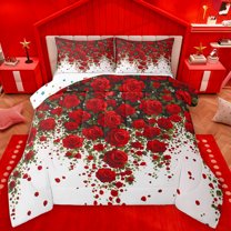 Homewish Romantic Valentine Queen Comforter Set,Red Rose Bedding Sets,Chic Flower Floral Bedding Comforter Set For Girls Kids,Breathable Home Decor Reversible,3-Piece