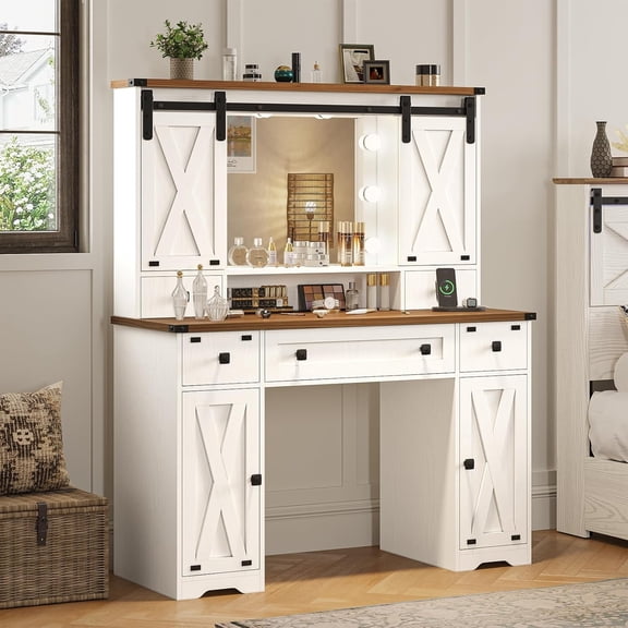 Farmhouse Vanity Desk with Charging Station, Makeup Vanity Table with Mirror and Lights and Drawers, Dressing Table with Cabinets&Door for Bedroom, White