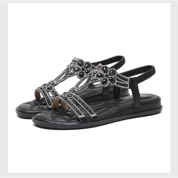 Women Rhinestone Sandals T-Strap Buckle Bohemian Pearl Crystal Flat Sandals