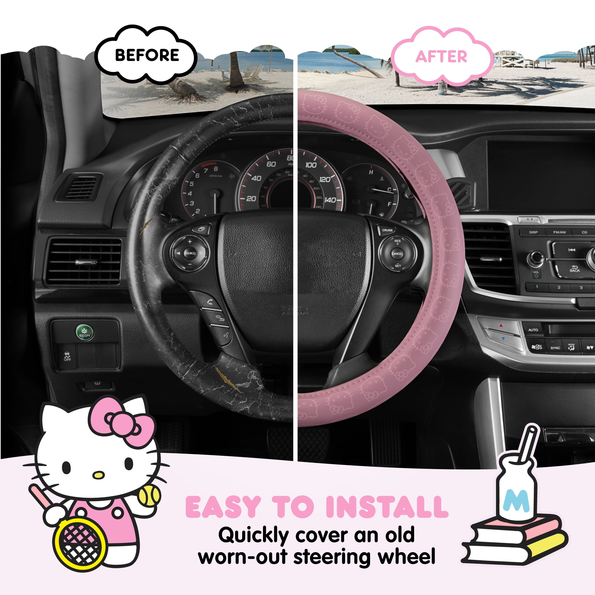 Official Sanrio Hello Kitty Steering Wheel Cover with Easy Clip-on Car Air Freshener, Odor Eliminator, Fun Scents