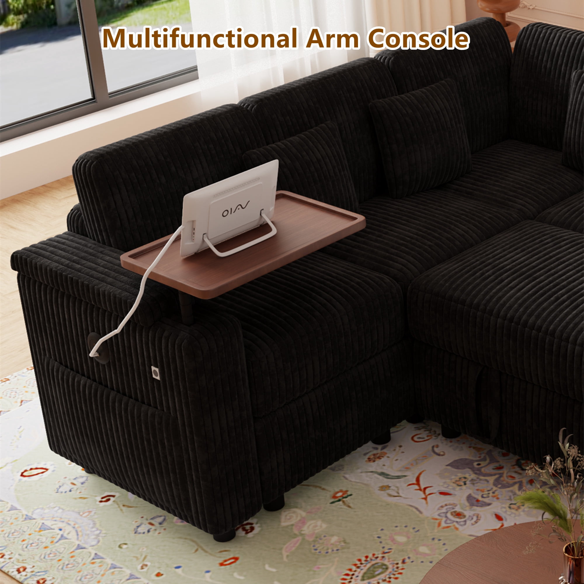 Aukfa 7 Seat U Shape Sectional Couch Convertible Sofa Bed with USB, Cupholder Arm Storage Console, Floating Desktop, Corduroy, Black