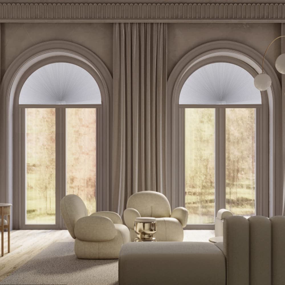 LUCKUP Arch Window Shades Half Circle Blackout Cellular Pleated Blinds Dual Color Semi Circular Honeycomb Windows Curtains for Half Moon Round Windows, Easy Cut and Install 36" W x 72" H, Grey-White
