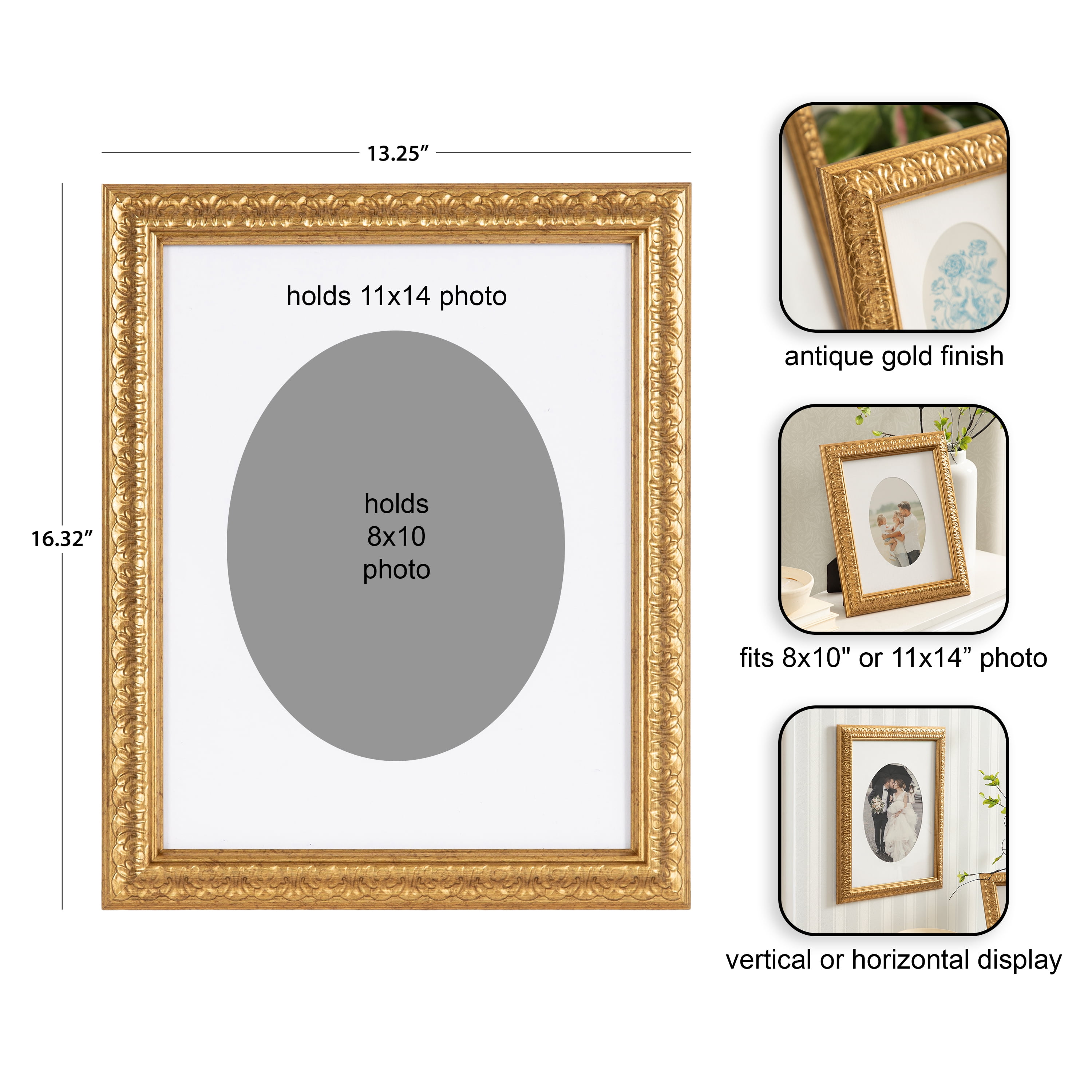 DesignOvation – 8x10 Picture Frame – Ornate Matted Antique Gold Wall Photo Frame