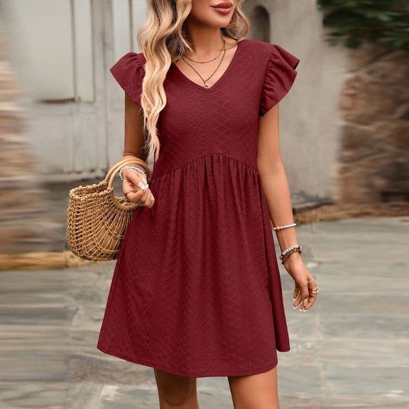IUYRTFE Women's Flutter Sleeve V Neck Mini Dress Pleated Loose Fit Summer Casual A Line Swing Dress