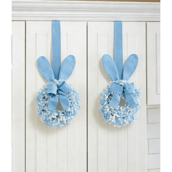JEWLALO 9" Blue Easter Bunny Wreath with Burlap Ribbon, Set of 2, Spring Floral Easter Wreaths for Kitchen Cabinets, Windows, and Walls, Spring Easter Decors