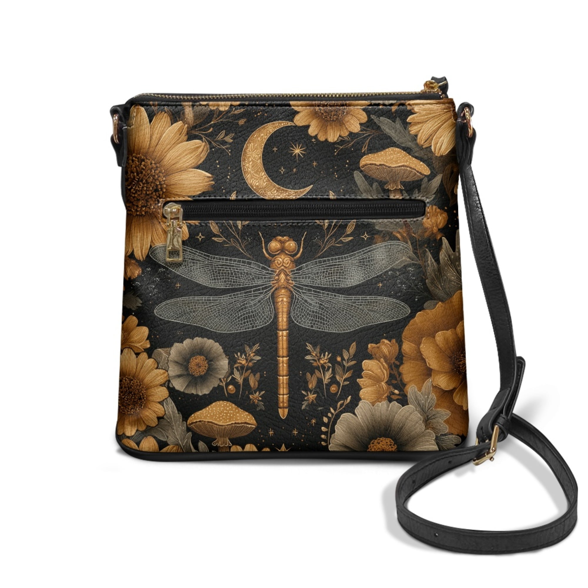 Kuiaobaty Dragonfly Sunflower Moon Print Crossbody Bag for Women, Vintage Vegan Leather Messenger Purse Crossbody with Adjustable Strap, Lightweight Sturdy Hobo Handbag for Travel & Work