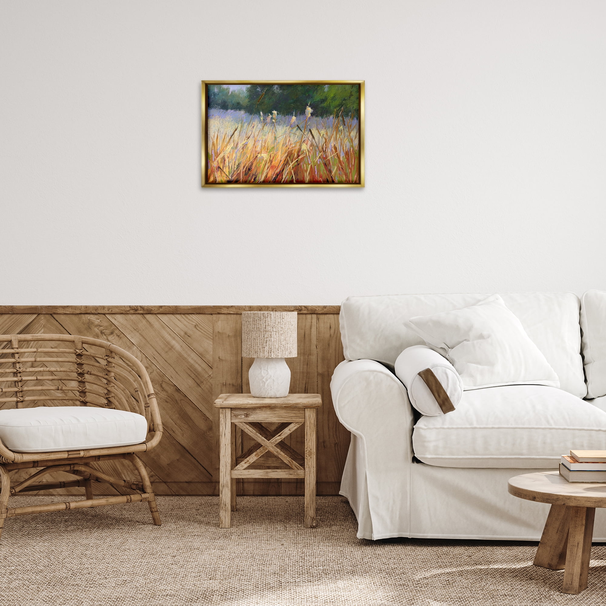 Stupell Industries Country Summer Reeds Landscape & Nature Painting Gold Floater Framed Canvas Art Print Wall Art, 25 x 17