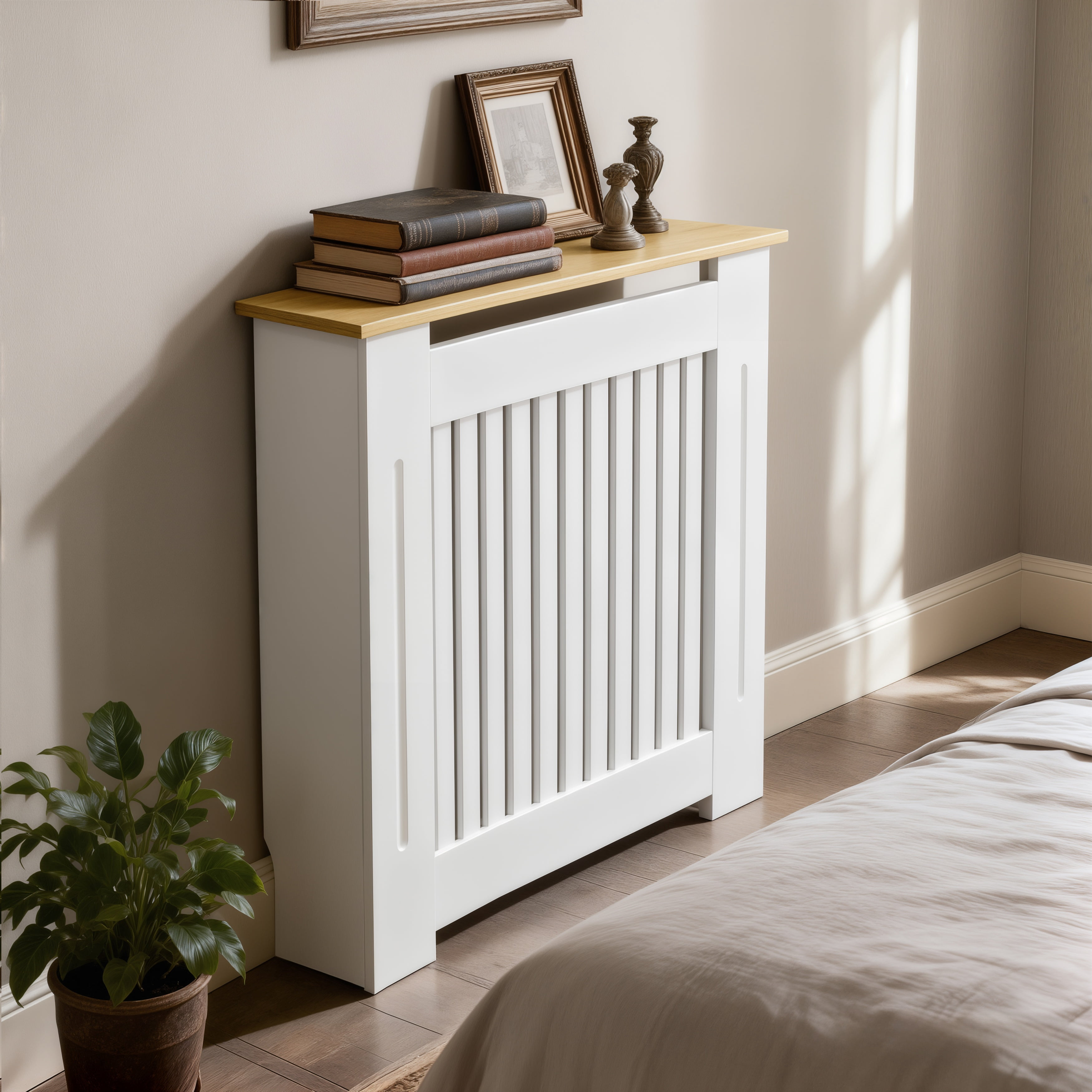 LUVODI 83cm High Modern Slatted Vertical White Radiator Cover with MDF Wood Top, Wood Grill Shelf
