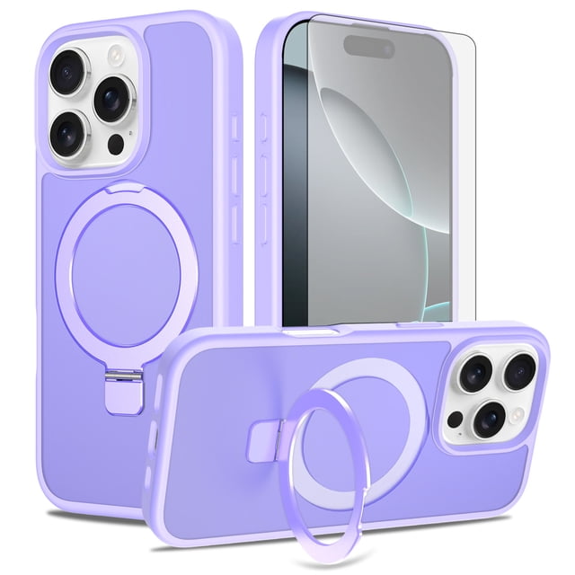 Asuwish Phone Case for iPhone 16 Pro 6.3 inch Tempered Glass Screen Protector Magnetic Folding Stand Frosted Translucent Rugged Shockproof Protective Cell Cover i Phone16 i16 16Pro Women Men Purple