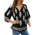 thumbnail image 3 of UVN Womens Summer Blouses Bohemian 3/4 Bell Sleeve Shirts for Women V Neck Flowy Casual Pleated Tops, 3 of 8