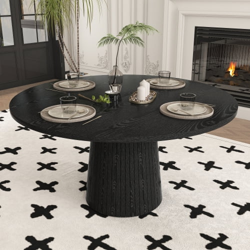 47" Round Dining Table for 4, Modern Farmhouse Black Circle Table with Wood Strip Base for Kitchen & Living Room