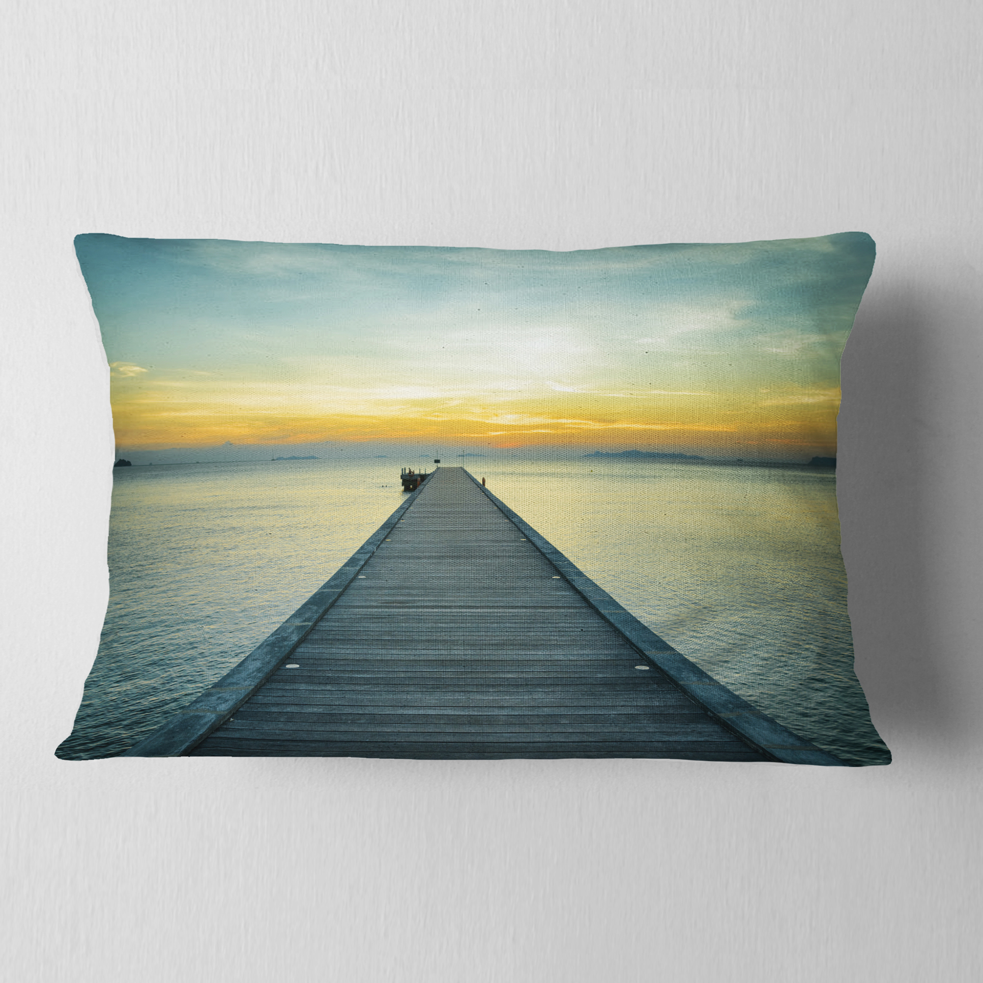 Designart Wood Pier into the Yellow Blue Sea - Wooden Sea Bridge Throw Pillow - 12x20