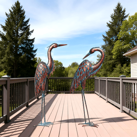 Metal Crane Statues - Set of 2 Bronze Heron Sculptures for Garden, Patio, or Yard Decor - 27.56" Tall Weatherproof Outdoor Art