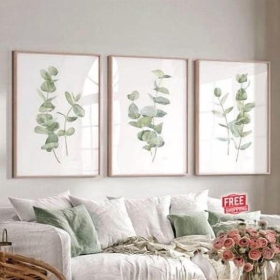 Set Of 3 Green Watercolor Eucalyptus Prints, Minimalist Bedroom Wall Decor Living room Wall Art Over The Bed Plant Poster Above Bed Artwork, Poster Only