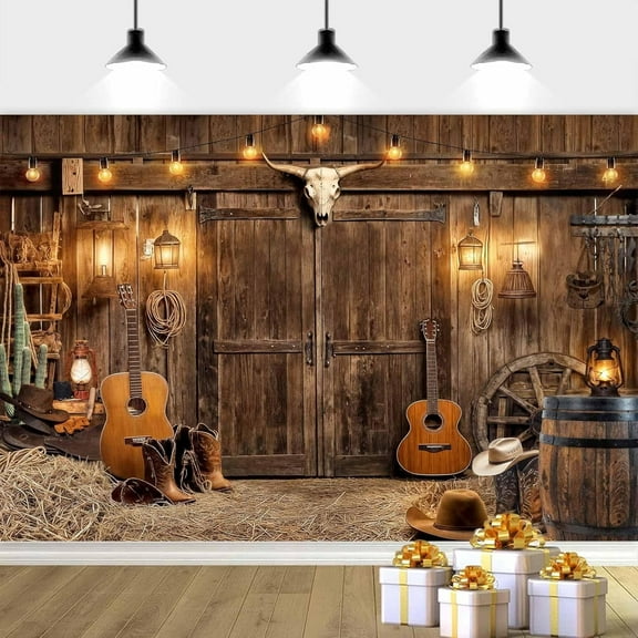 7 x 5 ft Western Cowboy Backdrop Rustic Wood Backdrop, Wood Barn Door Photography Background Western Party Decorations Birthday Party Baby Shower Decor Banner Photo Booth Props, Brown-3
