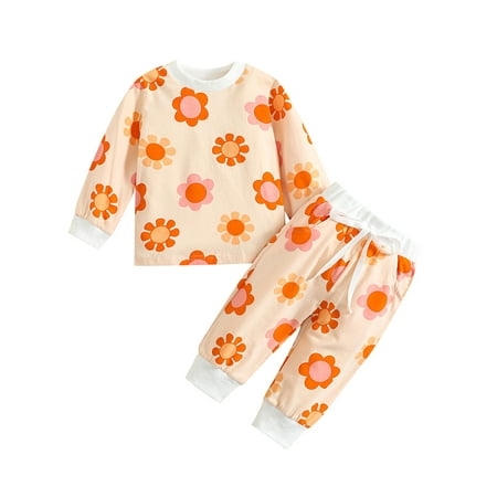 

Genuiskids Toddler Baby Girl 2PCS Outfits Round Neck Long Sleeve Rainbow Flower Printed Pullover Tops Tie-Up Pants Fall Sets