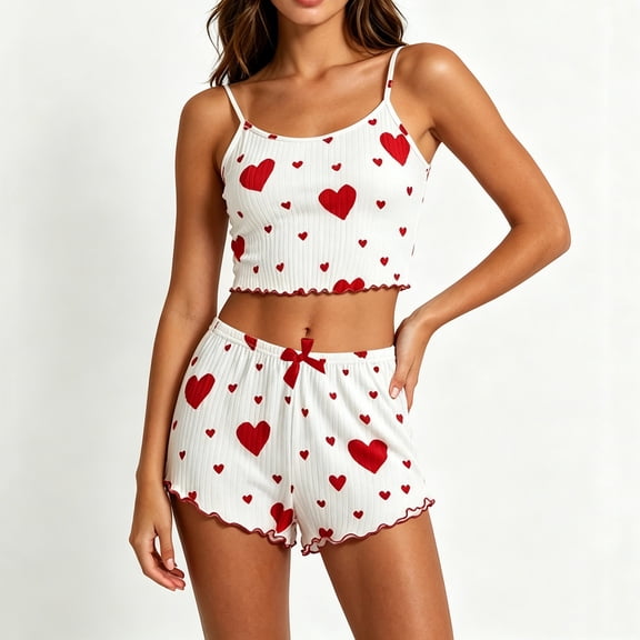 Sakmal Tank Top and Shorts Pajama Sets for Women 2 Piece Hearts Plus Size Stretchy Sleepwear ,Red,L