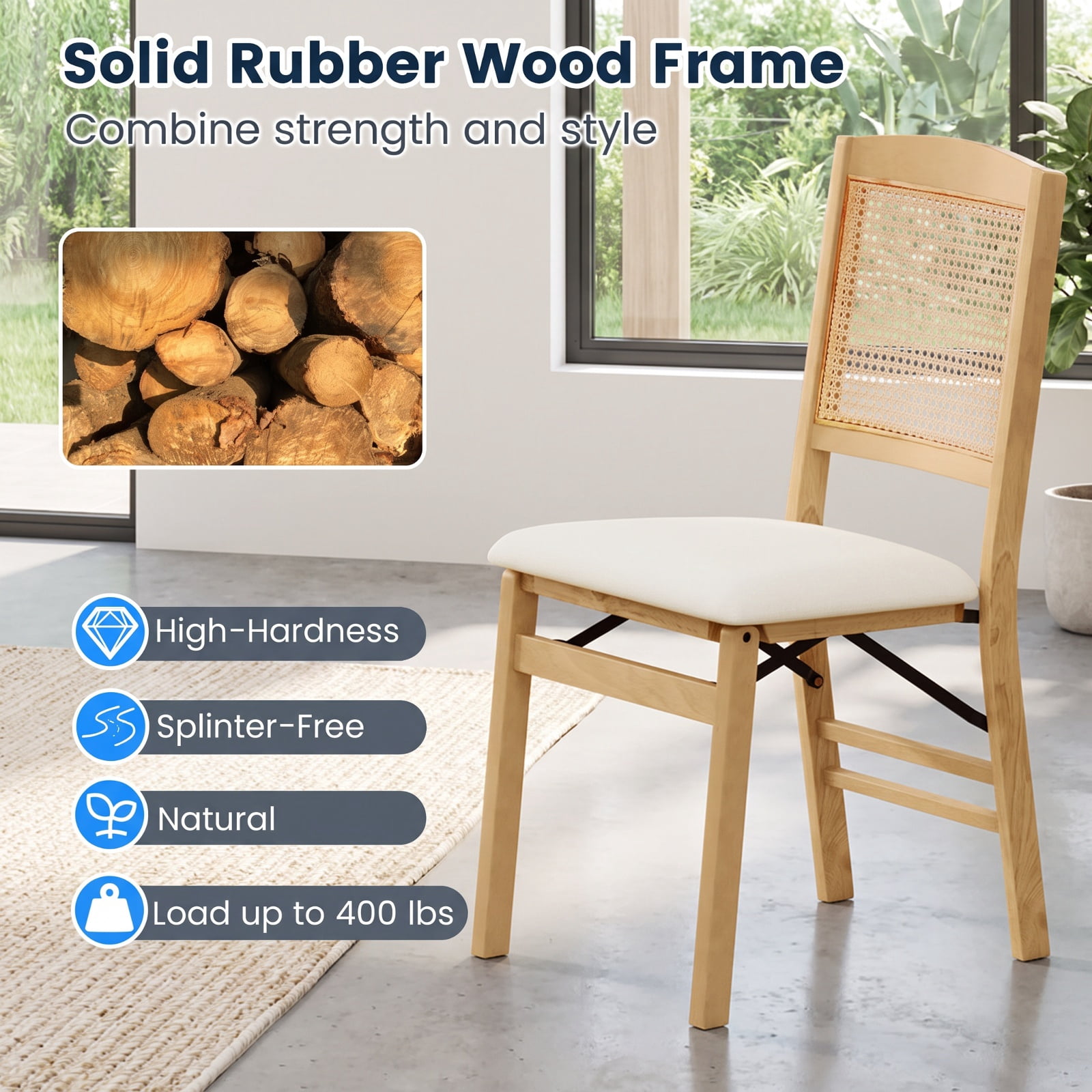Furnibear Folding Dining Chairs Set of 2 Rubber Wood Chairs with Linen Padded Seat for Kitchen Dining Room Living Room Home, Natural