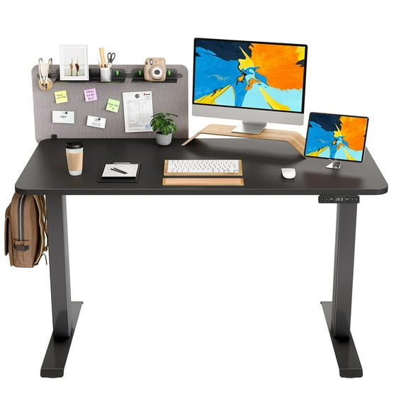 FEZIBO Dual Motor Electric Standing Desk with Desk Divider and Storage Pegs, Splice Board in Black Finish, 55"