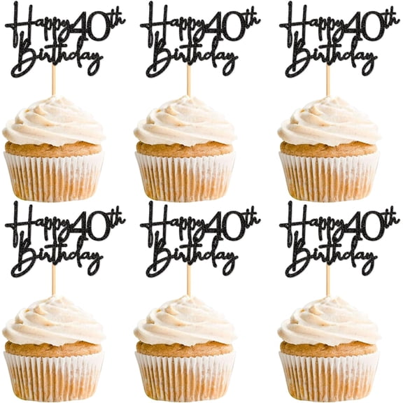 Black Glitter Happy 40th Birthday Cupcake Toppers, 12 Pack 40th Birthday Party Picks, 40th Anniversary Cake Decor Supplies