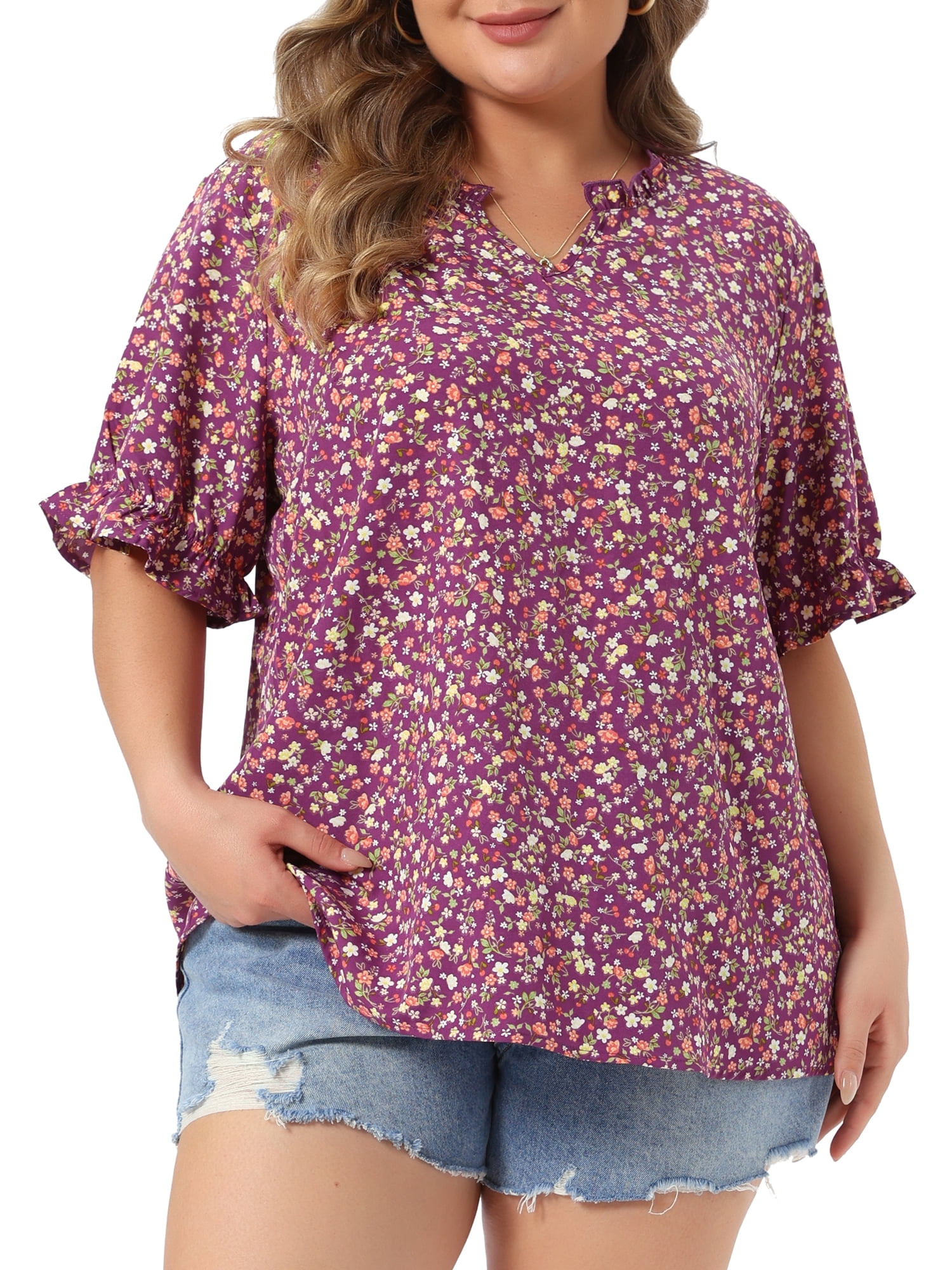 DARING DIVA Women's Plus Summer Top Floral V Neck Ruffle Puff  Casual Blouse Top 4X Purple