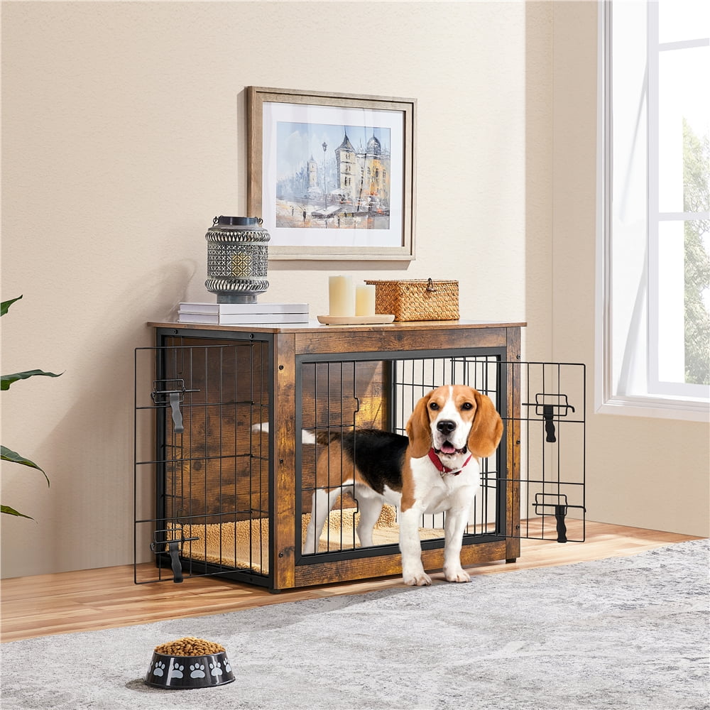 Alden Design 32″ Dog Crate Furniture with Anti-skid Plush Mat for Medium Dog, Rustic Brown