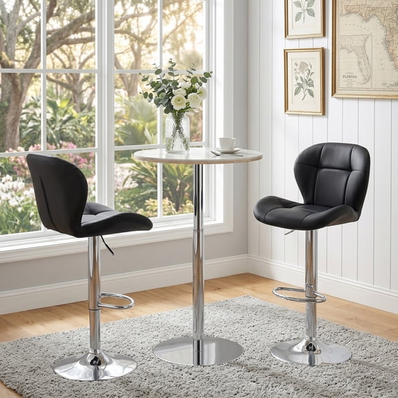 Adjustable Bar Table & 2 Stools Set – Round Sintered Stone Top Pub Table 39.5" High with 2 Black PU Leather Swivel Stools, Height-Adjustable Bistro Set for Kitchen Island or Small Spaces