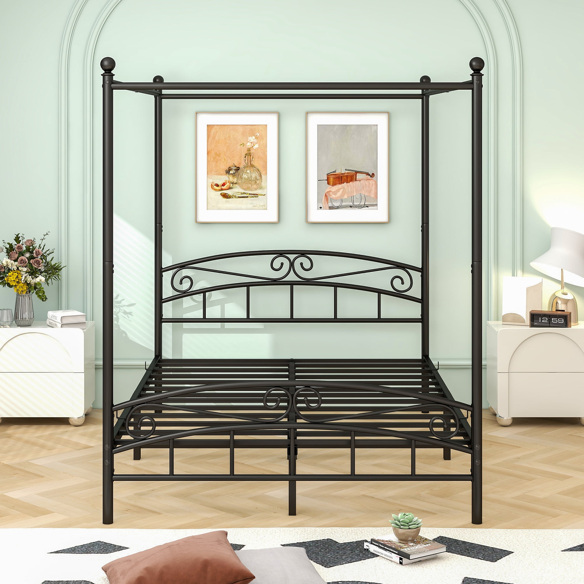 Royard Oaktree Queen Size Metal Canopy Bed Frame with Ornate European Style Headboard & Footboard Sturdy Steel H/Under-Bed Storage Space/No Box Spring Needed/Black