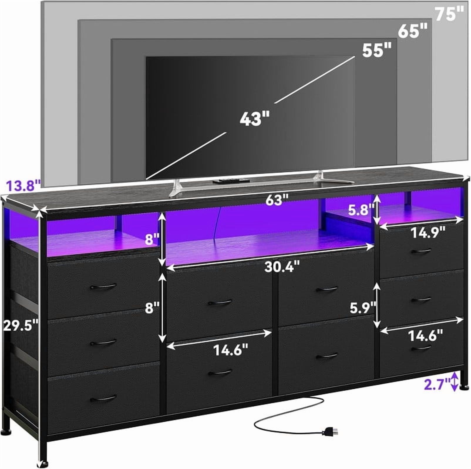 10 Drawer Dresser for Bedroom, 63.3 Inch TV Stand with LED & Power Outlets, Fabric Chest of Drawers for Closet, Living Room, Black