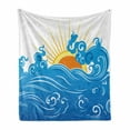 thumbnail image 1 of Abstract Soft Flannel Fleece Throw Blanket, Curved Ocean Waves with Sun Rising with Vibrant Sharp Rays Seascape Art, Cozy Plush for Indoor and Outdoor Use, 50" x 70", Blue Yellow Orange, by Ambesonne, 1 of 6