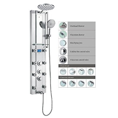 - Blue Ocean 52” Stainless Steel SPV962332 Thermostatic Shower Panel with Rainfall Shower Head, 8 Adjustable Nozzles, and Tub Spout