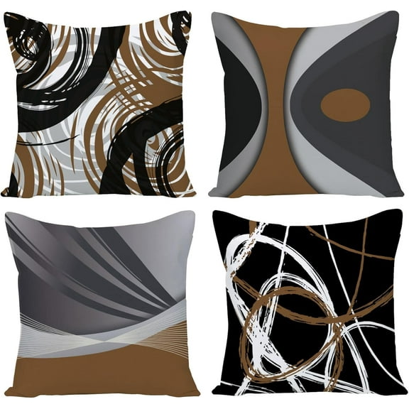 Geometric Pillow Covers 20x20 Set of 4, Outdoor Decorative Porch Pillows Cover for Sofa, Modern Abstract Stripes Coffee White Sturdy Linen Cushion Case for Patio Bedroom Couch Home Decor