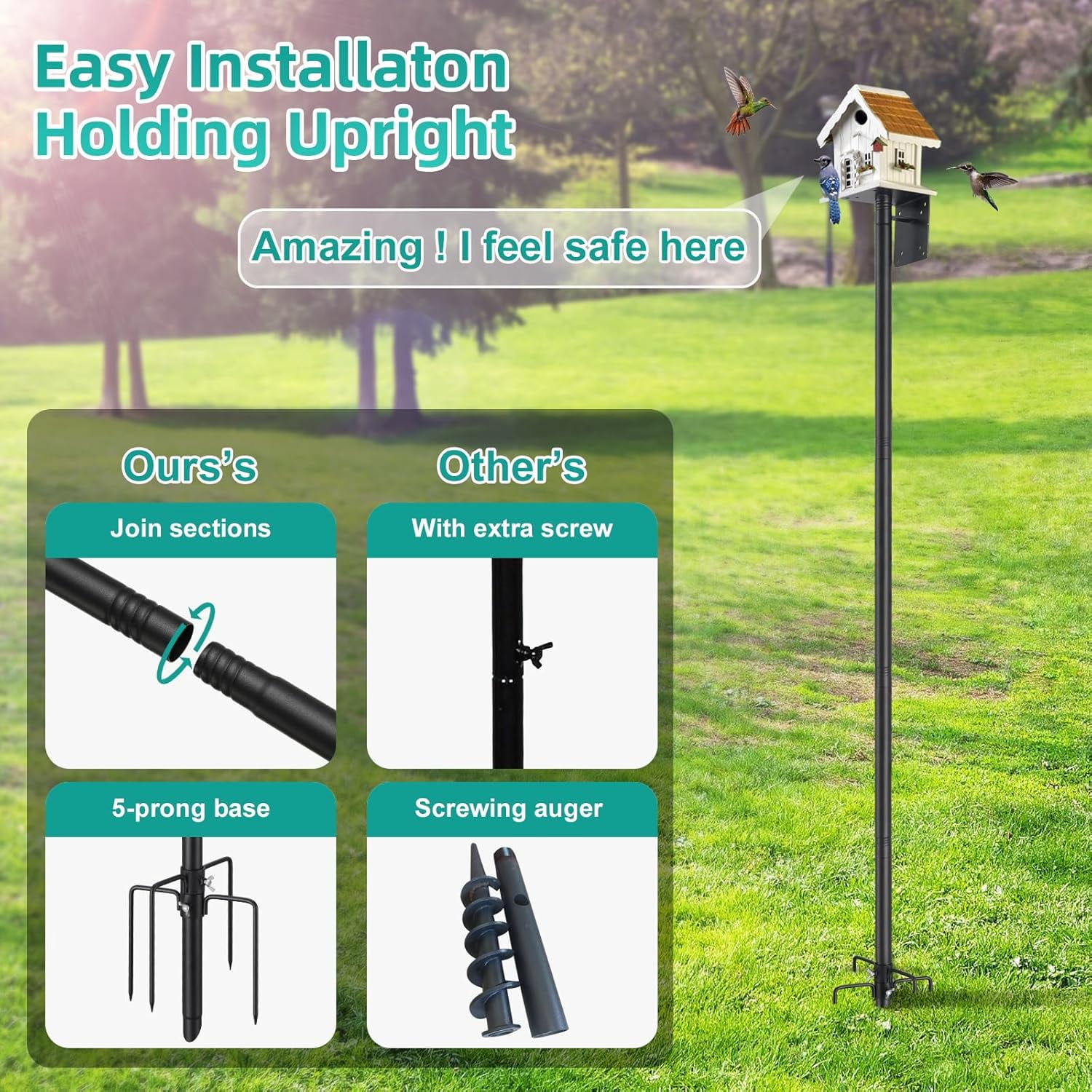 LCOKEIY Outdoor Bird House Pole,74 Inch Heavy Duty Bird Feeder Pole Mount Kit with 5-Prong Base for Birds Watching