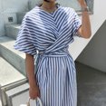 thumbnail image 3 of Henpk Summer Dresses for Women Striped T Shirt Dress Casual Midi Dress Short Sleeve Sundress with Pockets Summer Cotton Blue Striped Bandage Split Long Dress Long Dress Blue XXL, 3 of 9